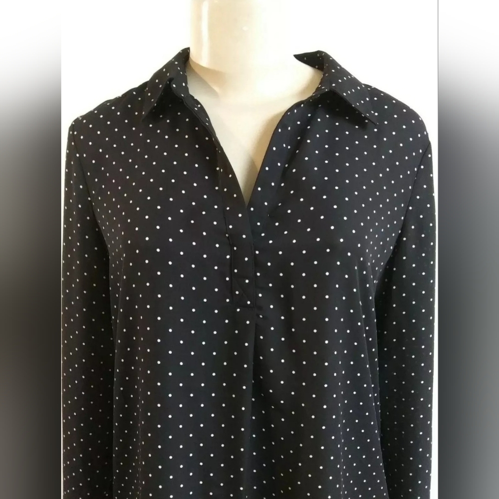 Small size WomenTunic Blouse Long Sleeves Black Polka dot with stand collar